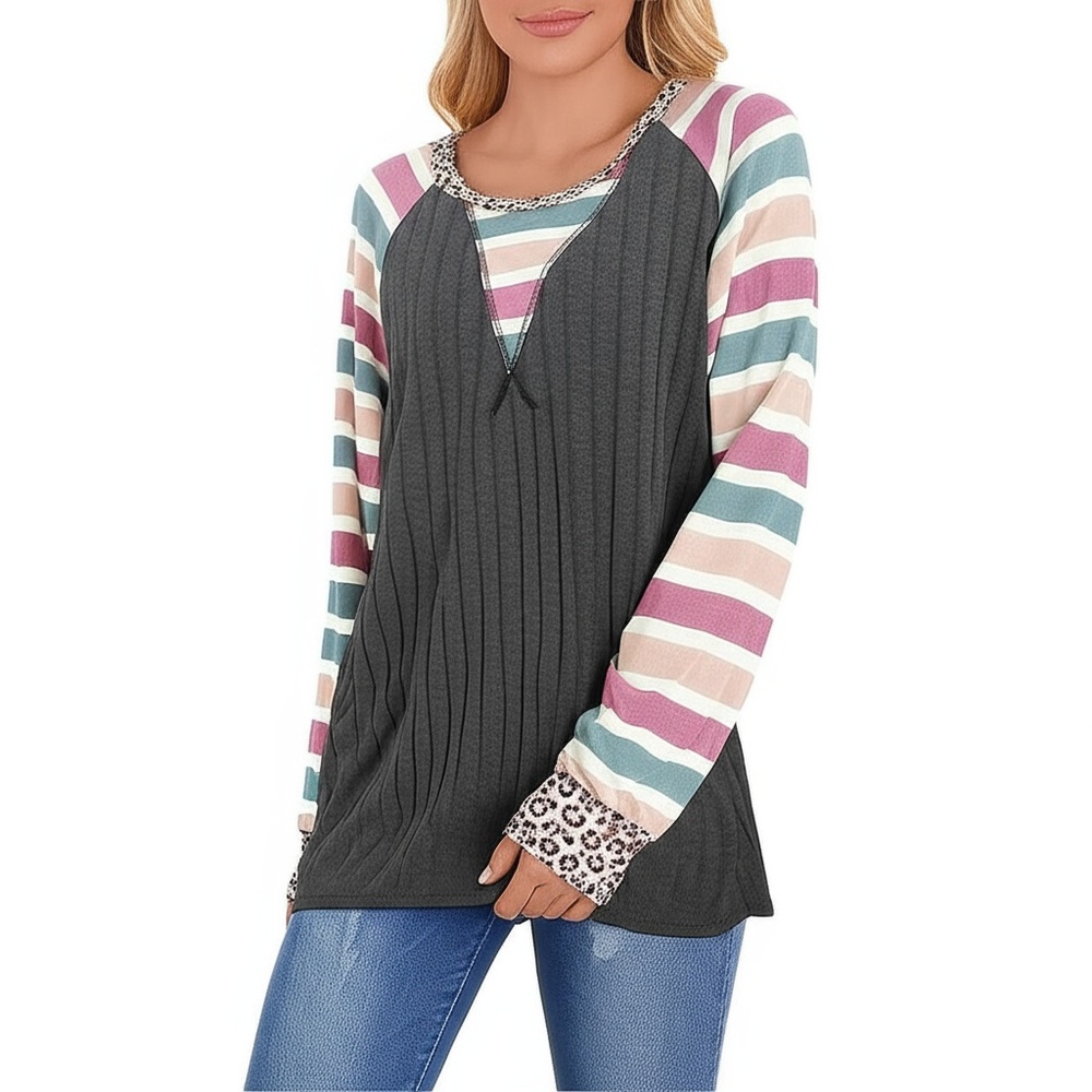 Haptics Womens Small Dark Grey Striped Leopard Ribbed Knit Top Boho Chic